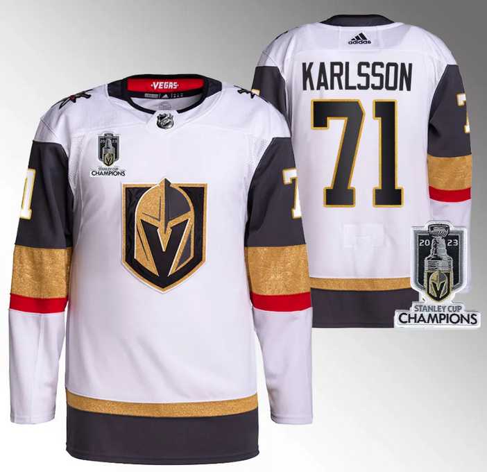 Mens Vegas Golden Knights #71 William Karlsson White 2023 Stanley Cup Champions Stitched Jersey